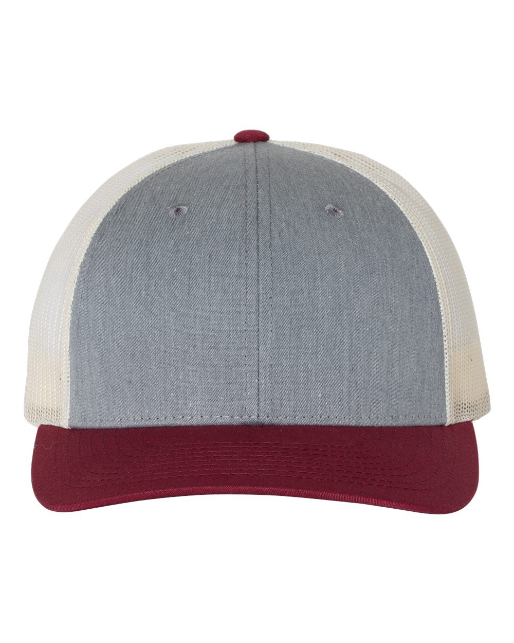 Front View of Heather Grey/ Birch/ Cardinal Low Pro Trucker Cap - 115
