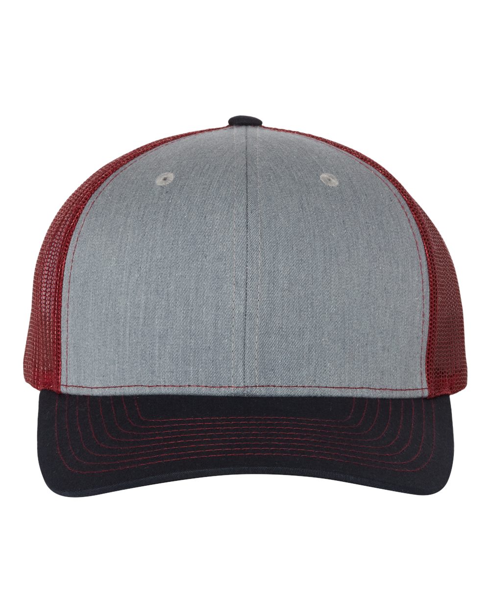 Front View of Heather Grey/ Cardinal/ Navy Snapback Trucker Cap - 112