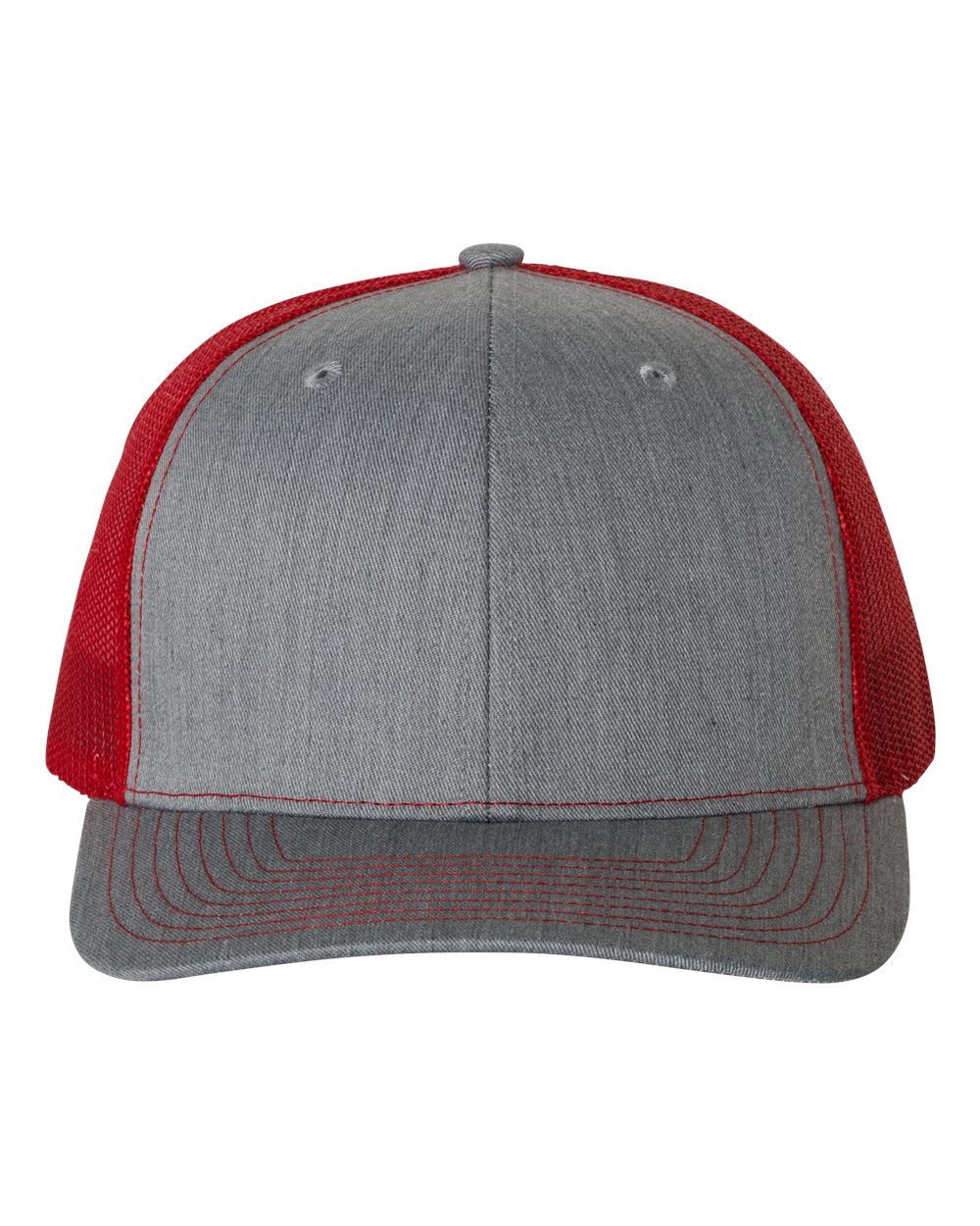 Front View of Heather Grey/ Red Snapback Trucker Cap - 112