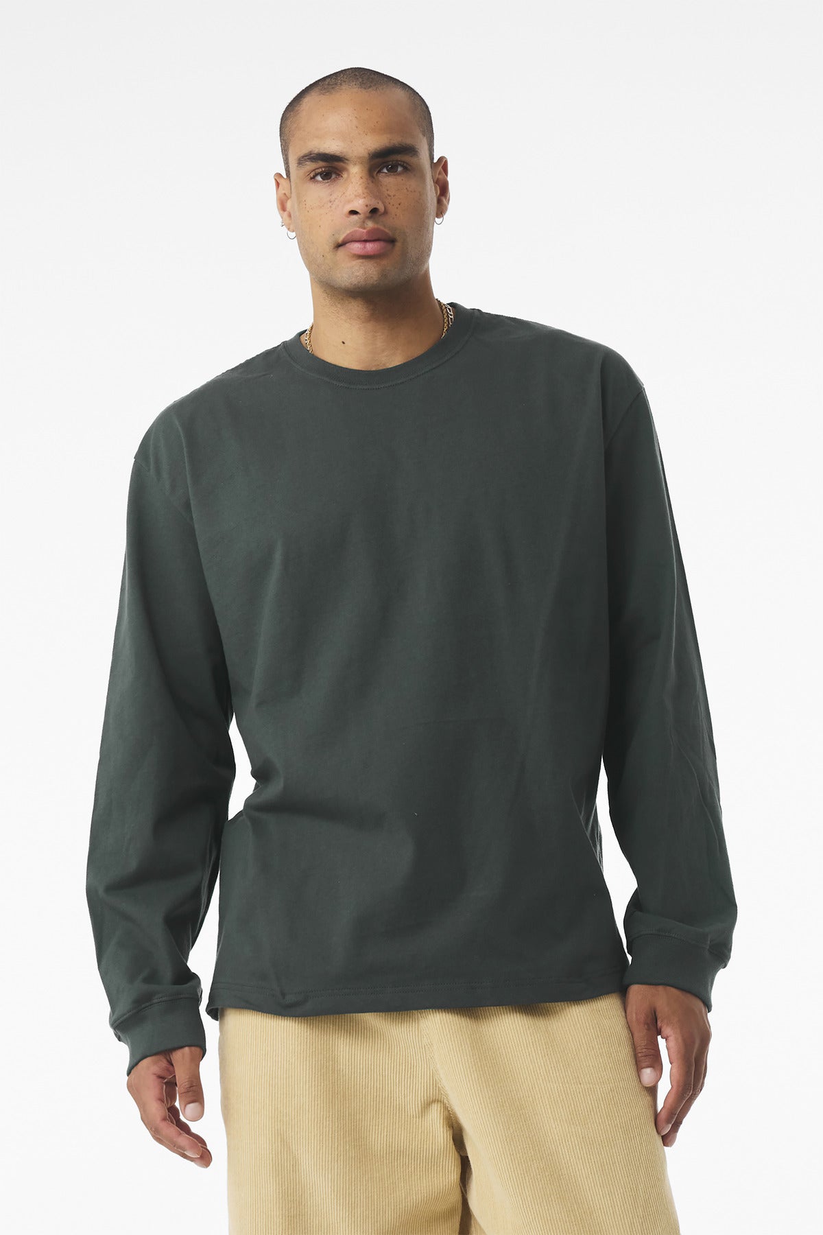 Front View of HunterGrn BELLA+CANVAS Unisex 7.5-Ounce Heavyweight Long Sleeve Tee BC4651