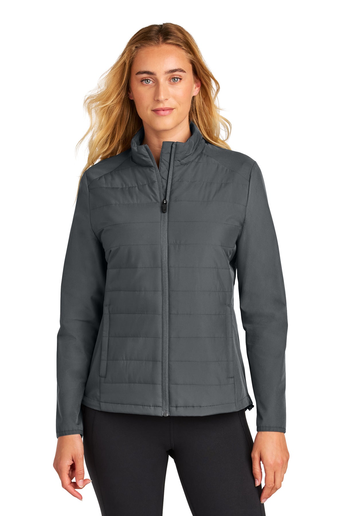 Front View of IronGrey Sport-Tek Women's Teknical Hybrid Jacket LST940