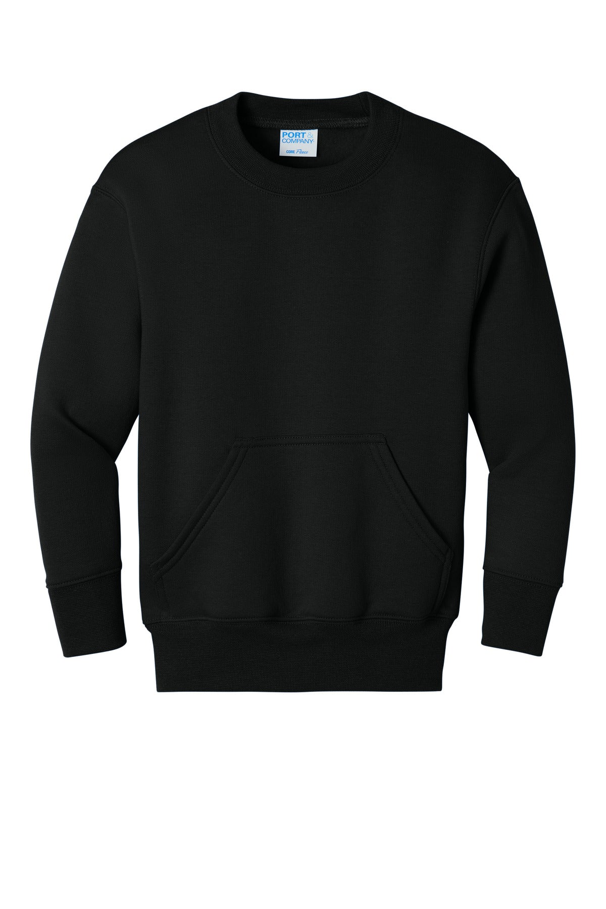 Front View of JetBlack Port & Co Youth Core Fleece Crewneck Pocket Sweatshirt PC78YPKT