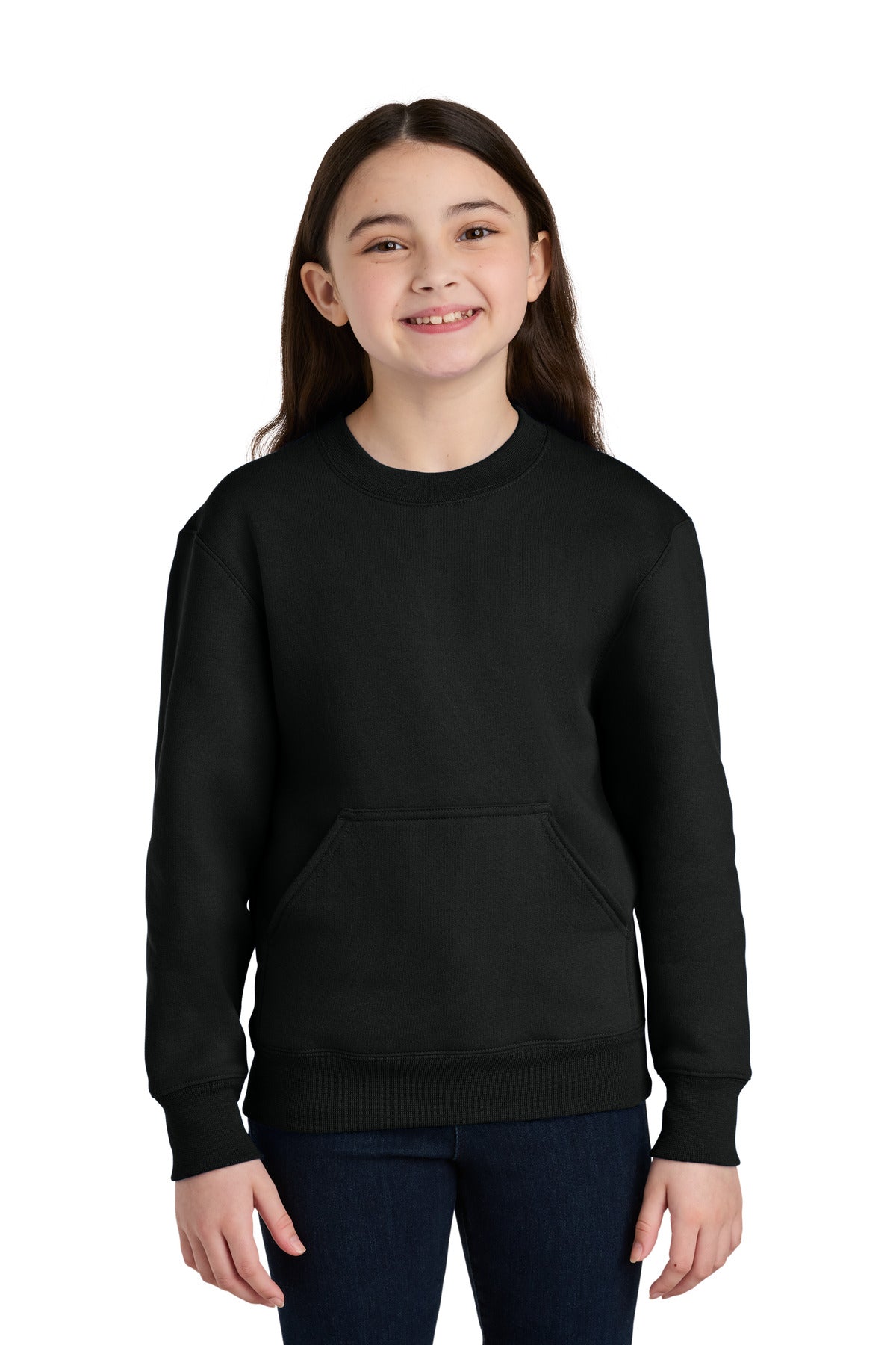 Front View of JetBlack Port & Co Youth Core Fleece Crewneck Pocket Sweatshirt PC78YPKT