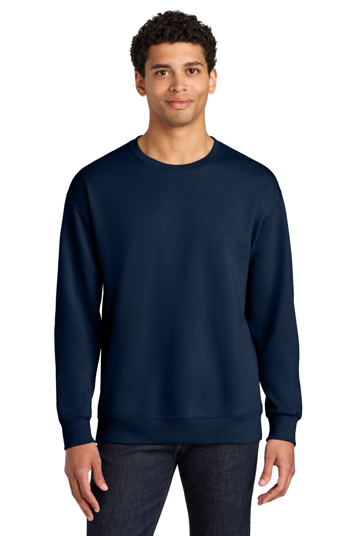 Front View of JNavy Jerzees Ultimate Unisex CVC Ring Spun Crewneck Sweatshirt IC48M