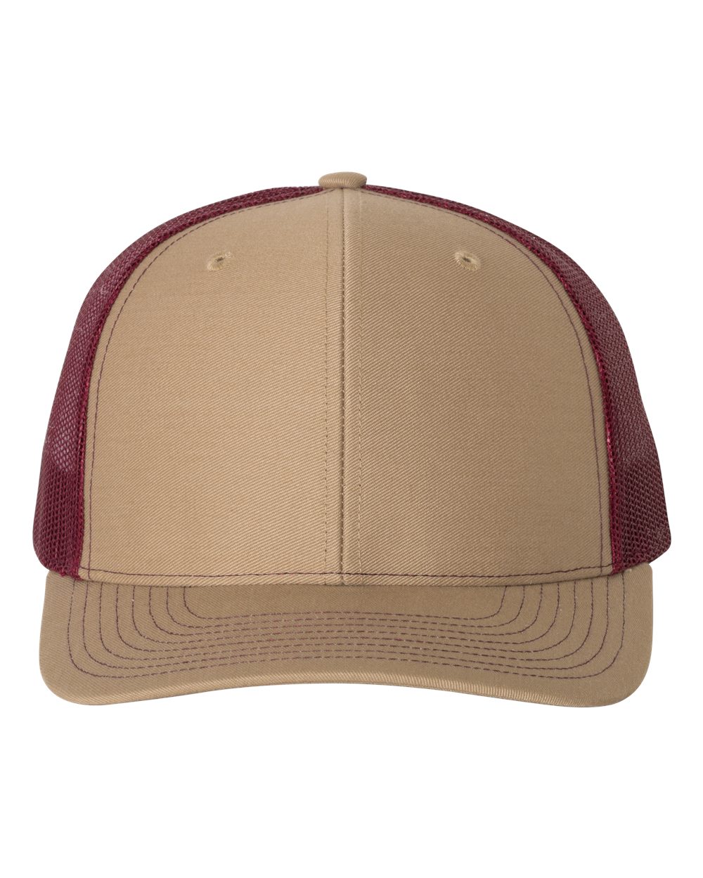 Front View of Khaki/ Burgundy Snapback Trucker Cap - 112