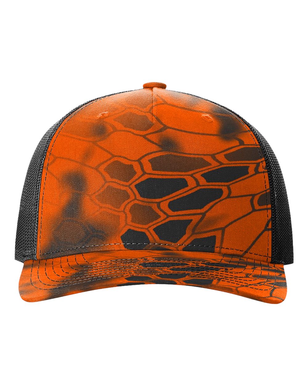 Front View of Kryptek Inferno/ Black Five-Panel Printed Trucker Cap - 112PFP