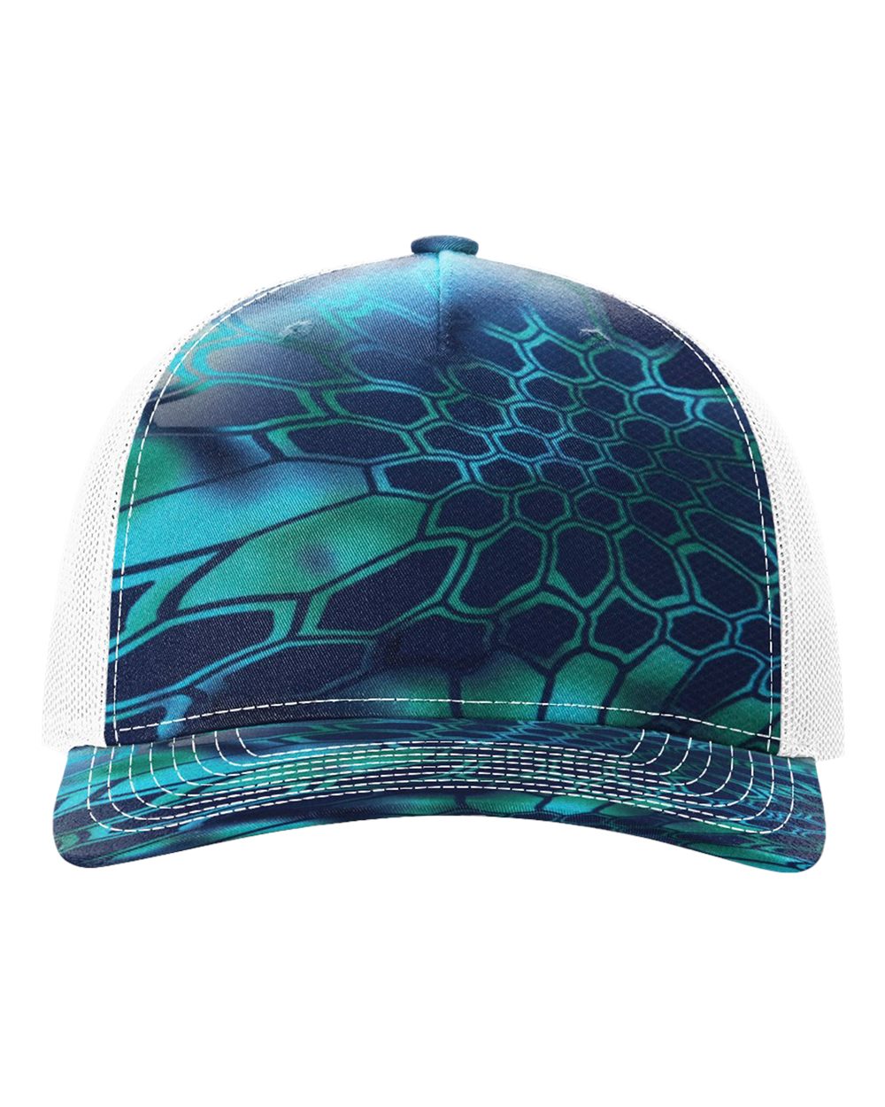 Front View of Kryptek Pontus/ White Five-Panel Printed Trucker Cap - 112PFP