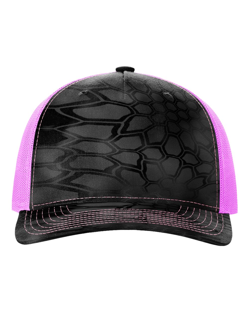Front View of Kryptek Typhon/ Neon Pink Five-Panel Printed Trucker Cap - 112PFP