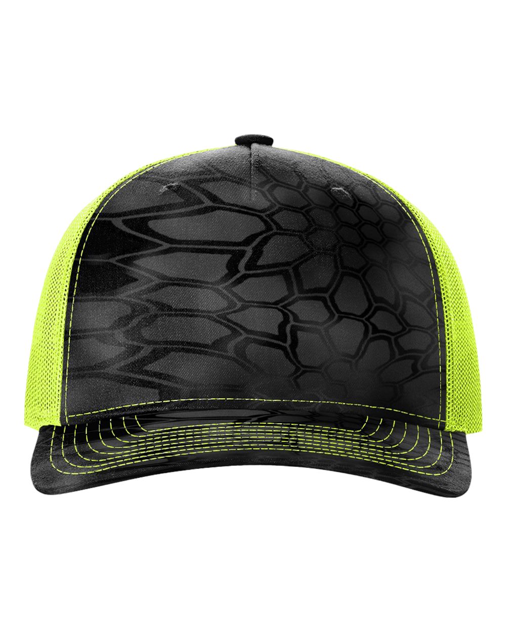 Front View of Kryptek Typhon/ Neon Yellow Five-Panel Printed Trucker Cap - 112PFP
