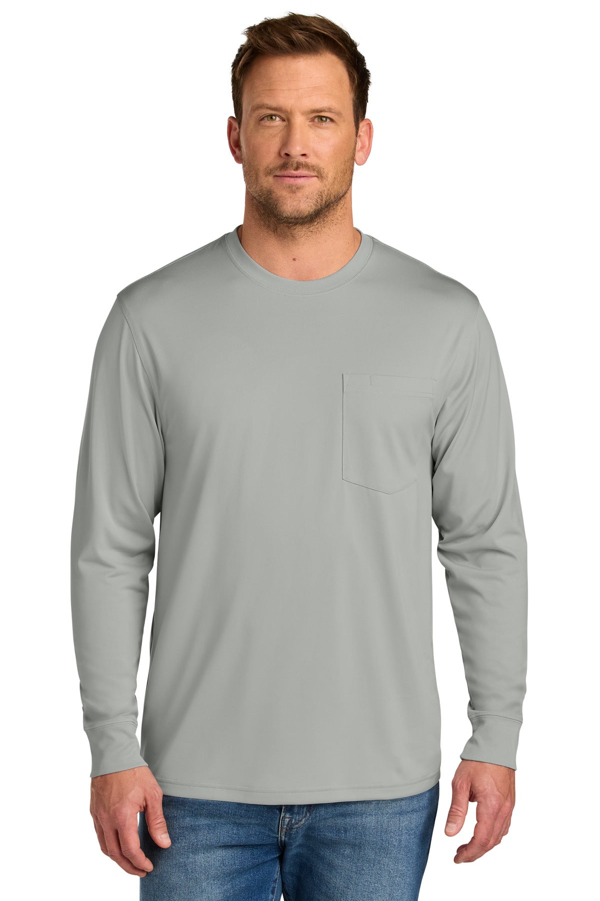 Front View of LightGrey CornerStone Workwear Pro Long Sleeve Pocket Tee CS440LSP
