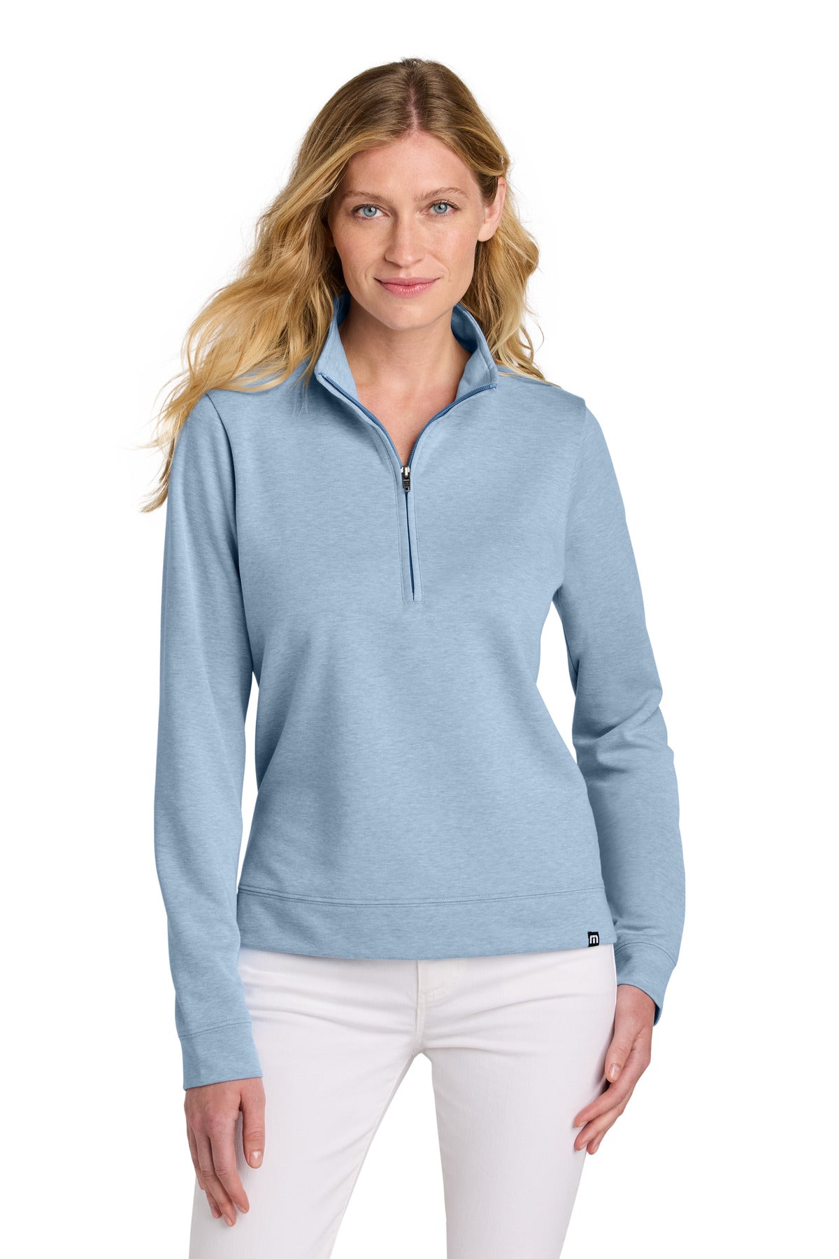 Front View of LtBlueHtr TravisMathew Women's Coveside 1/2-Zip TM1LD007