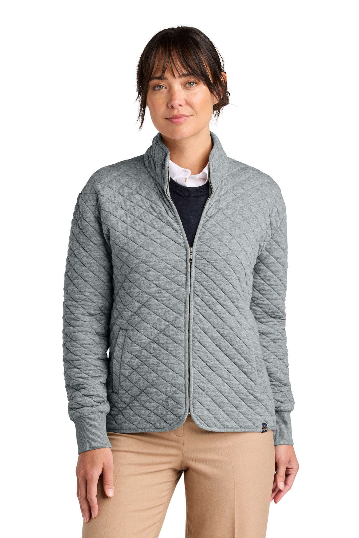 Front View of LtShdGyHtr Brooks Brothers Women's Diamond Quilt Full-Zip BB18213