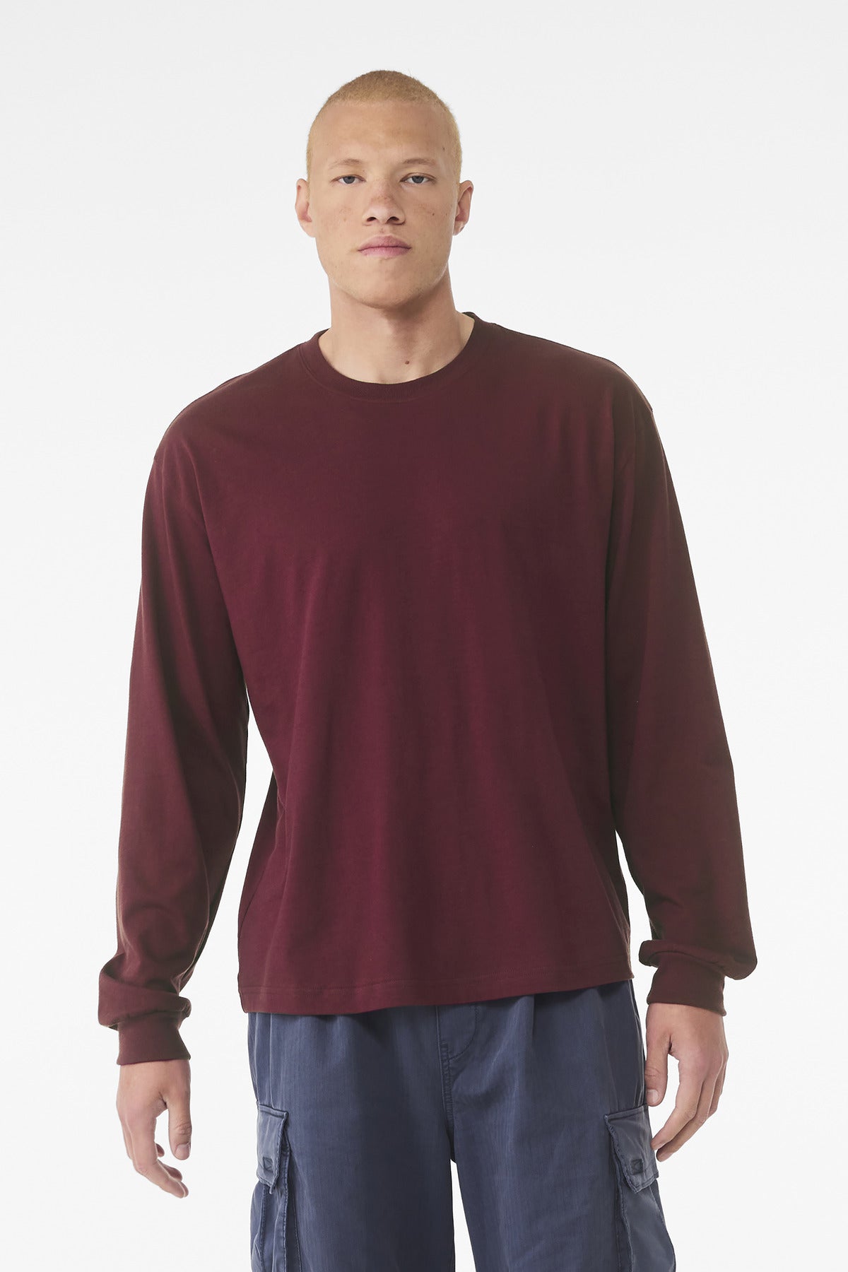 Front View of Maroon BELLA+CANVAS Unisex 6-Ounce Heavyweight Long Sleeve Tee BC3511