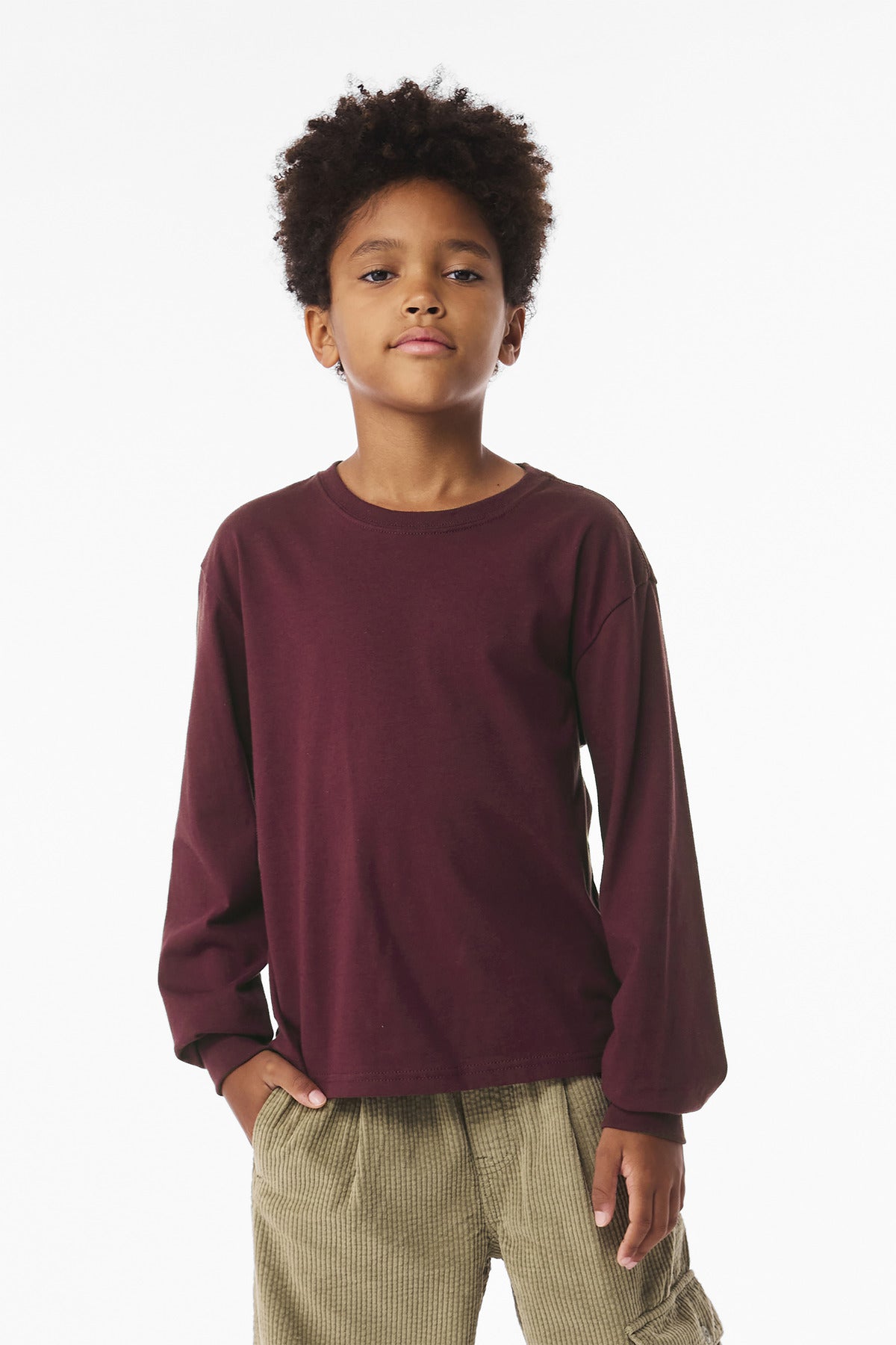 Front View of Maroon BELLA+CANVAS Youth 6-Ounce Heavyweight Long Sleeve Tee BC3511Y