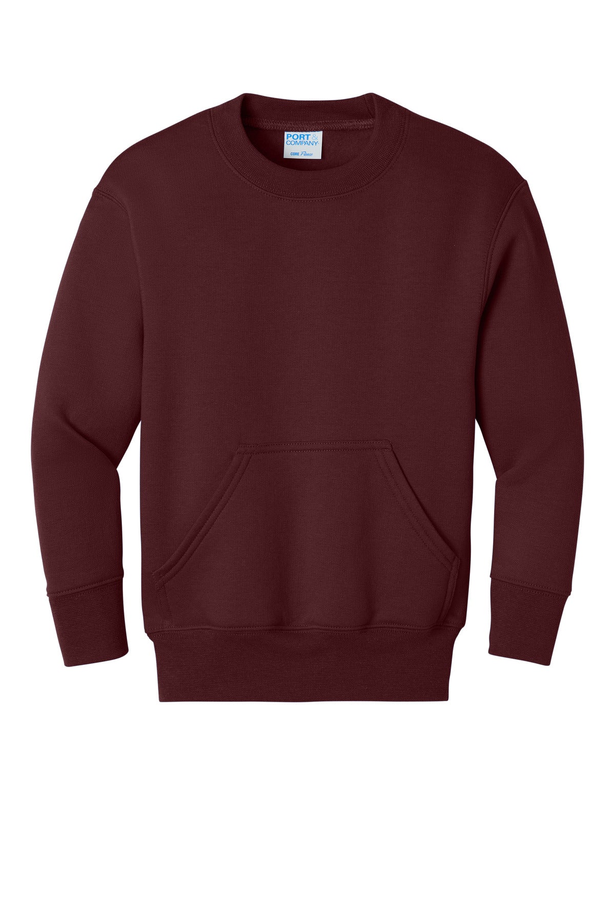 Front View of Maroon Port & Co Youth Core Fleece Crewneck Pocket Sweatshirt PC78YPKT
