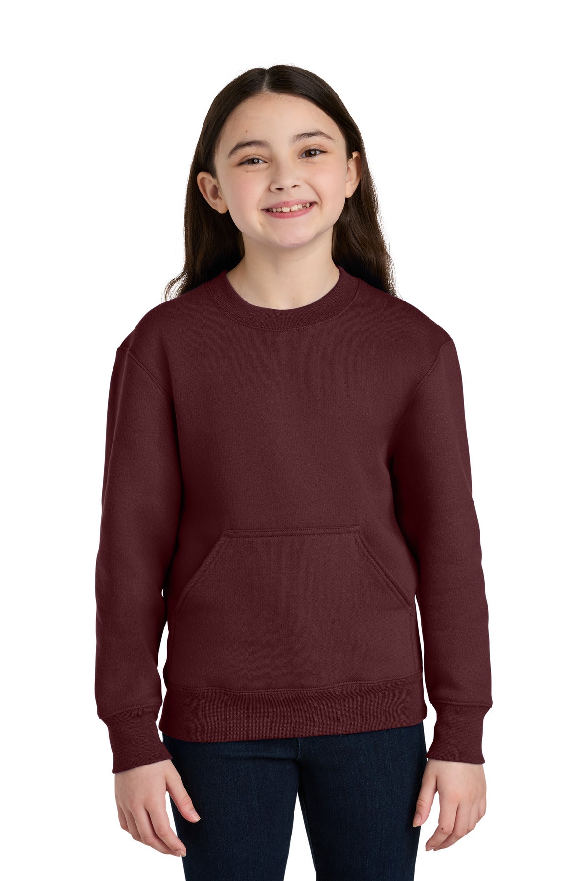 Front View of Maroon Port & Co Youth Core Fleece Crewneck Pocket Sweatshirt PC78YPKT