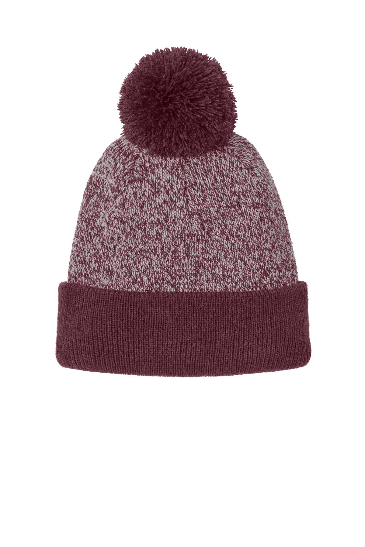 Front View of Mar/Silver Sport-Tek Halftime Heather Pom Beanie STC68