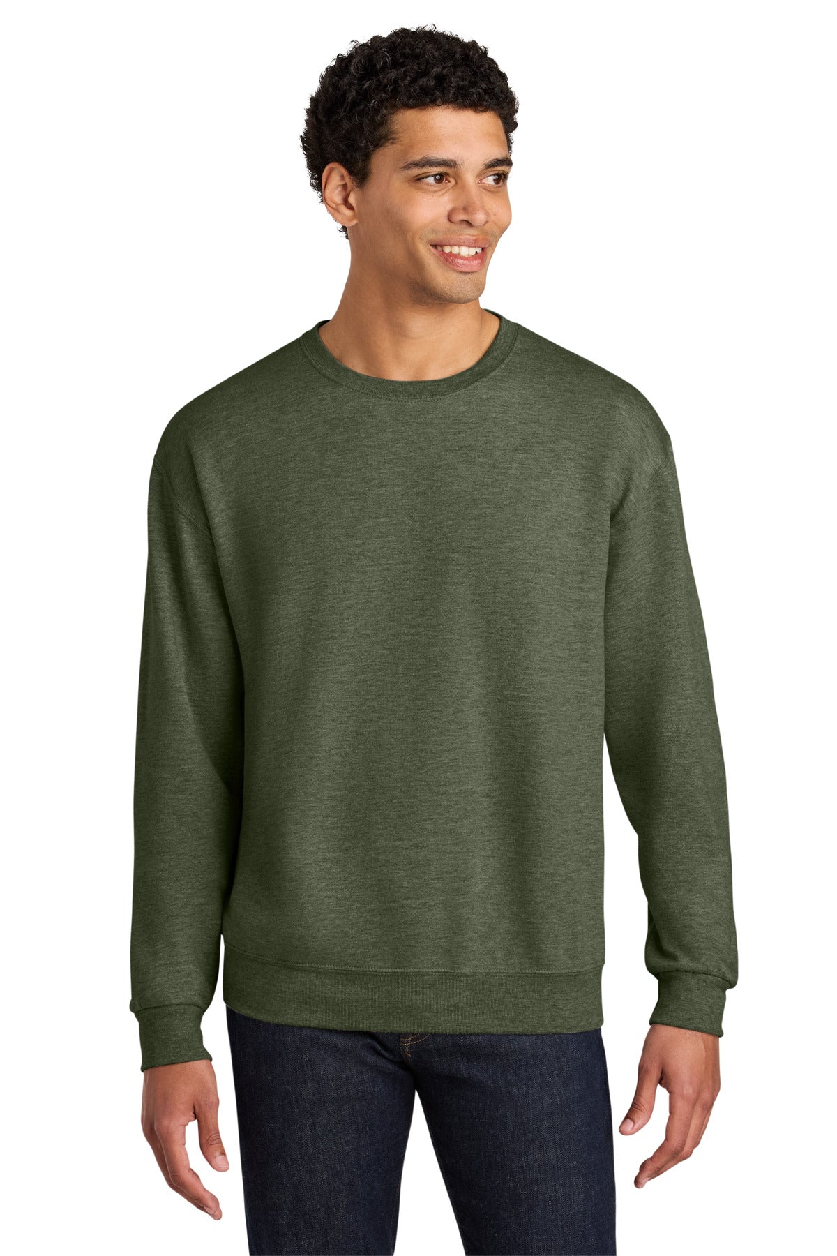 Front View of MilGrnHtr Jerzees Ultimate Unisex CVC Ring Spun Crewneck Sweatshirt IC48M