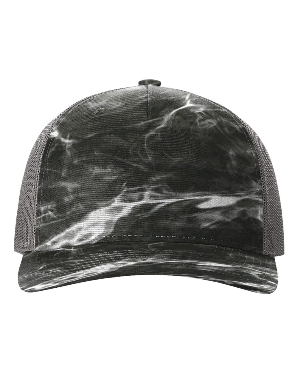 Front View of Mossy Oak Elements Blacktip/ Charcoal Five-Panel Printed Trucker Cap - 112PFP