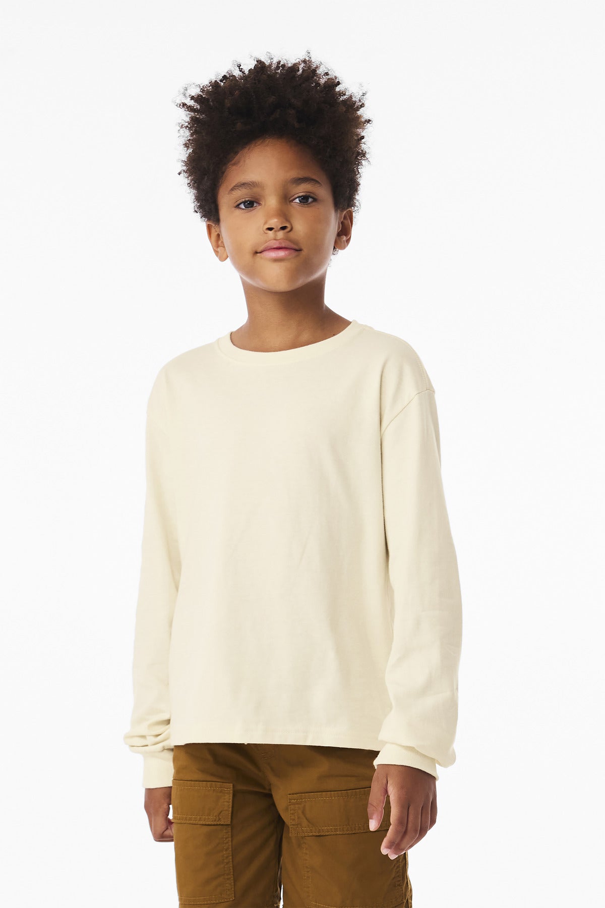 Front View of Natural BELLA+CANVAS Youth 6-Ounce Heavyweight Long Sleeve Tee BC3511Y