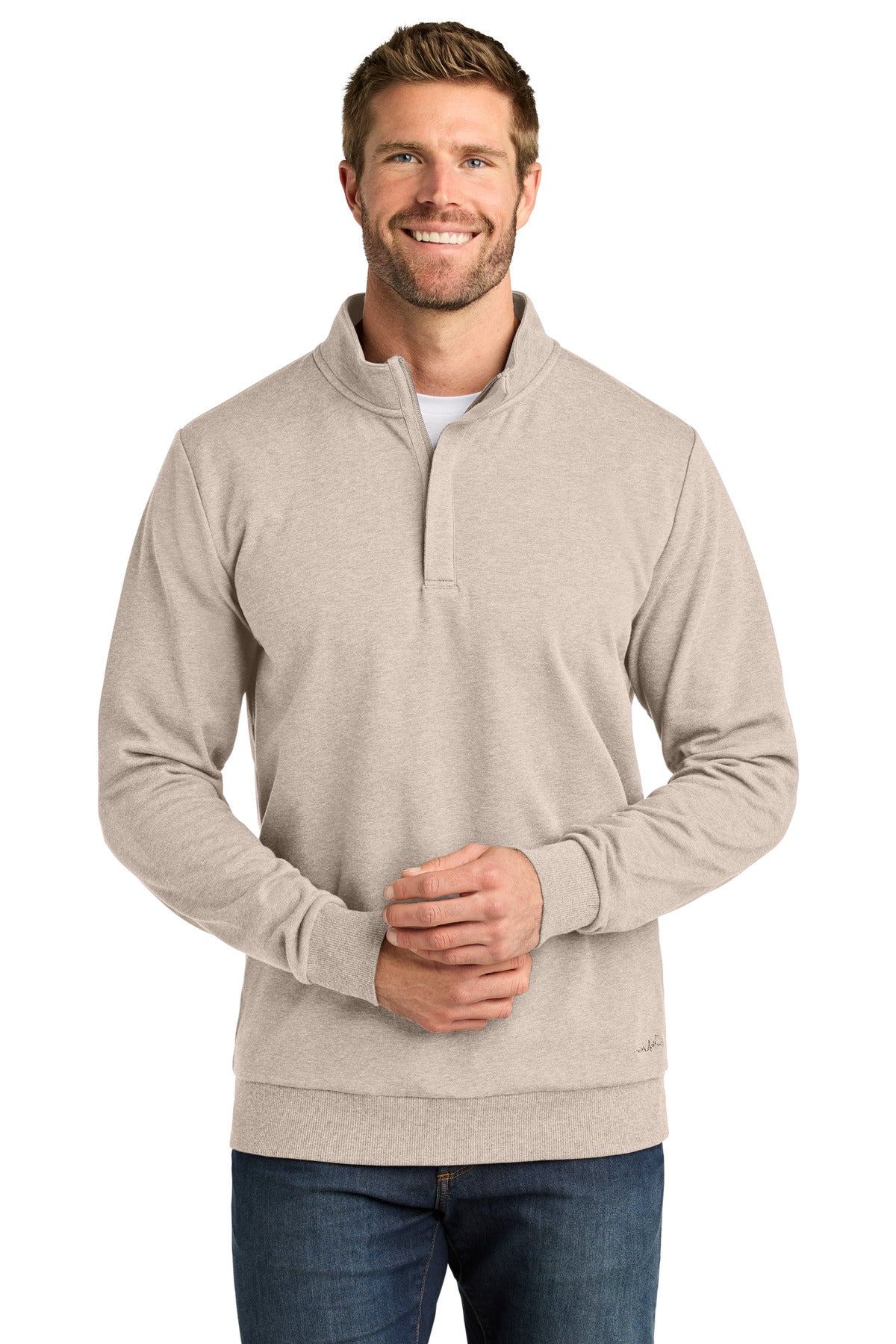 Front View of NaturalHtr TravisMathew Ocean Villa 1/4-Zip TMA41421