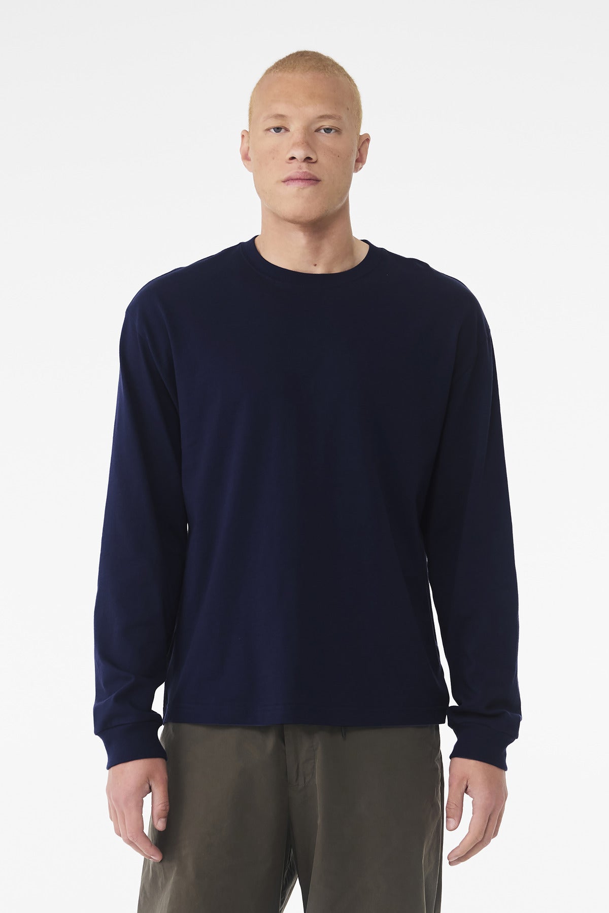 Front View of Navy BELLA+CANVAS Unisex 6-Ounce Heavyweight Long Sleeve Tee BC3511