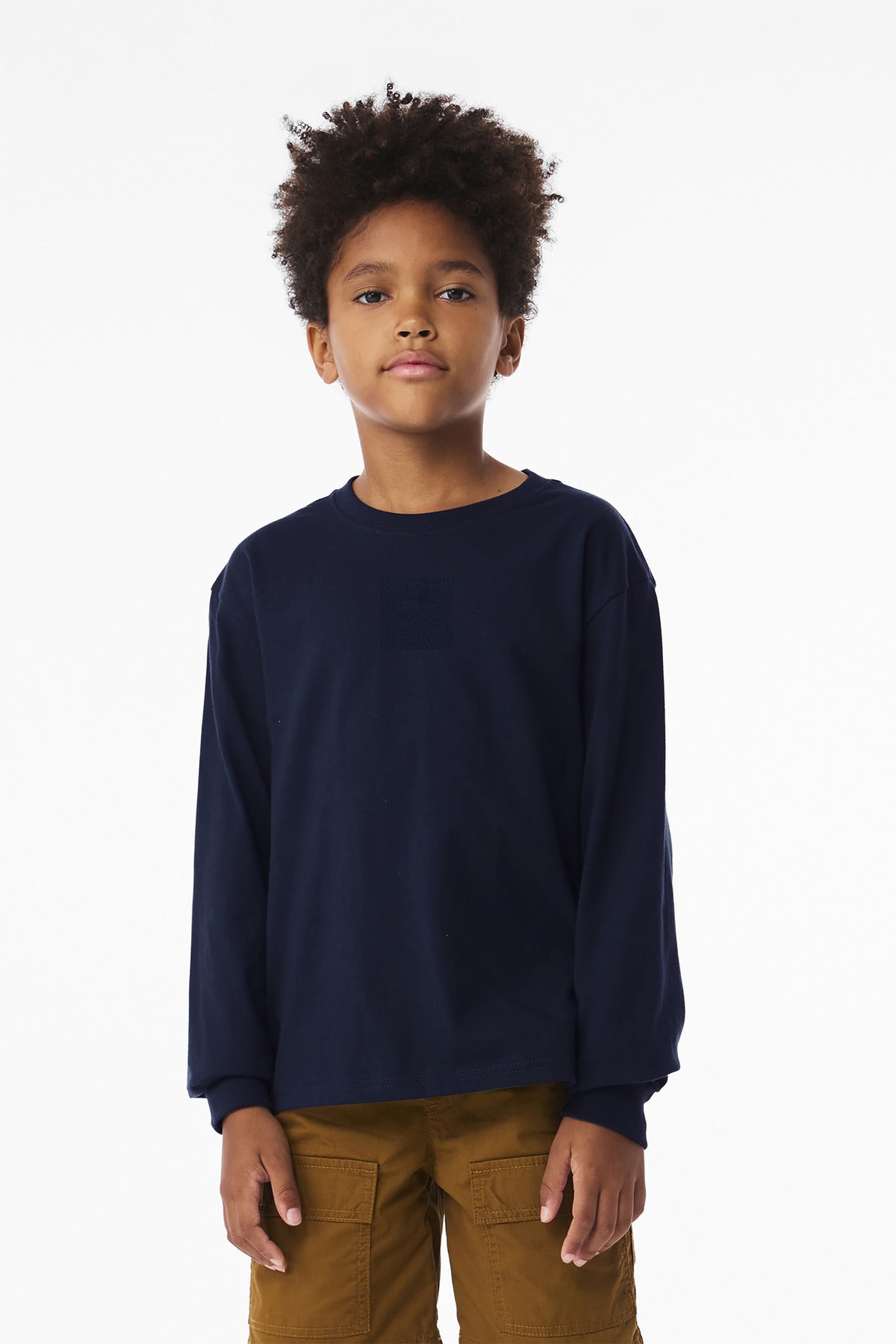 Front View of Navy BELLA+CANVAS Youth 6-Ounce Heavyweight Long Sleeve Tee BC3511Y