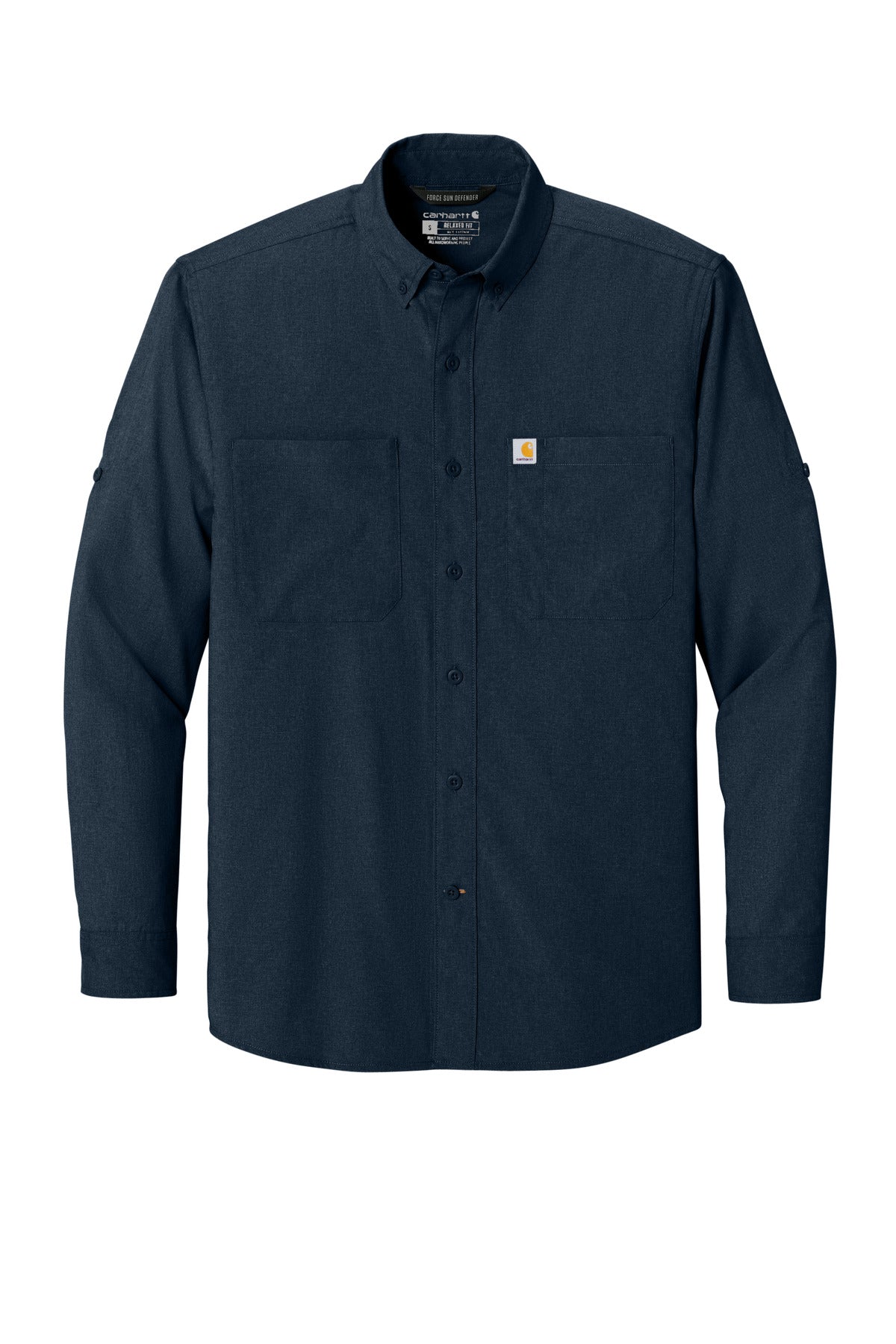 Front View of Navy Carhartt Force Sun Defender Long Sleeve Shirt CT107106