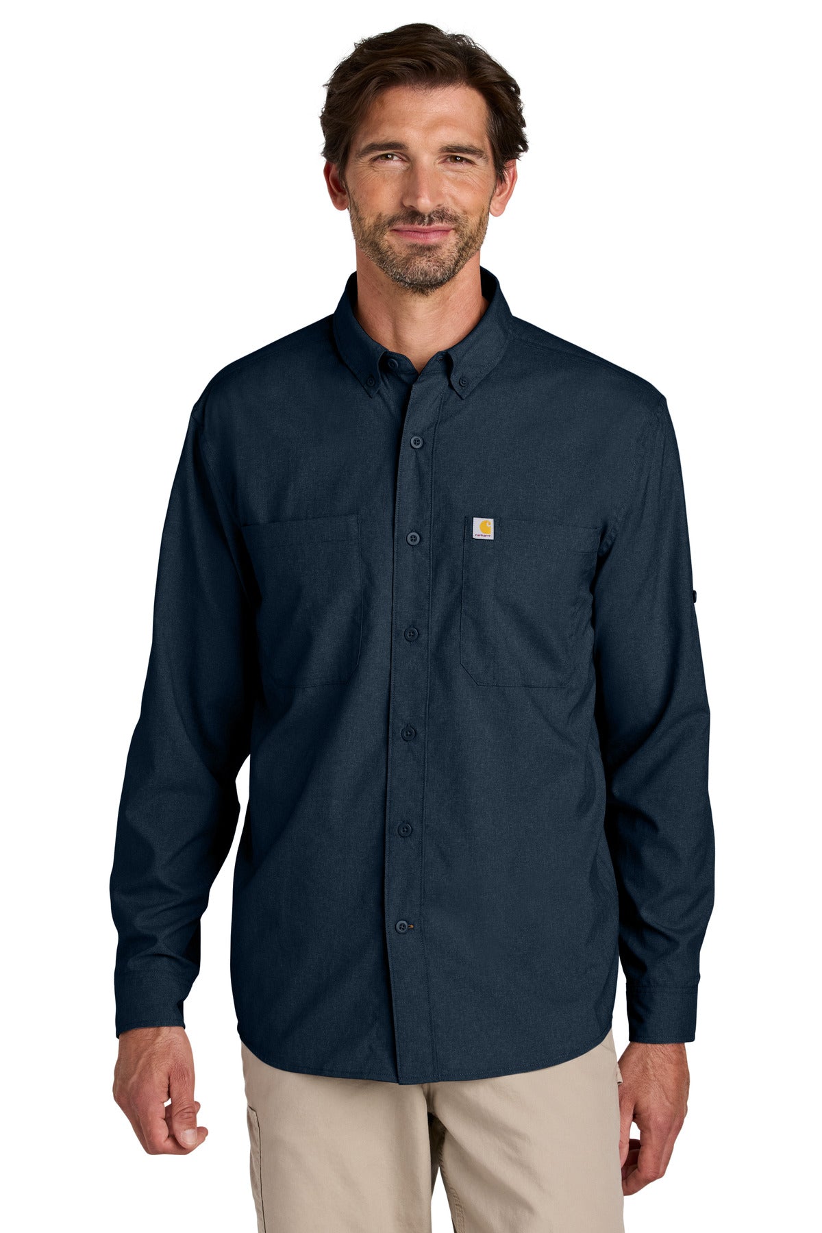 Front View of Navy Carhartt Force Sun Defender Long Sleeve Shirt CT107106