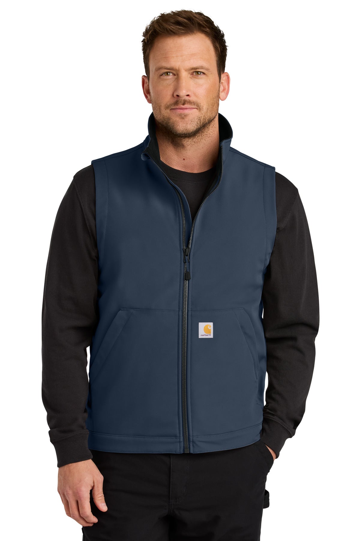 Front View of Navy Carhartt Rain Defender Soft Shell Vest CT106439