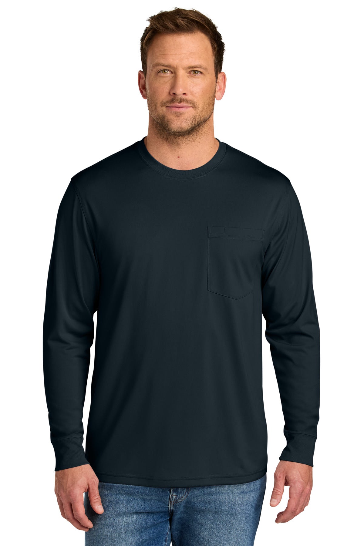 Front View of Navy CornerStone Workwear Pro Long Sleeve Pocket Tee CS440LSP