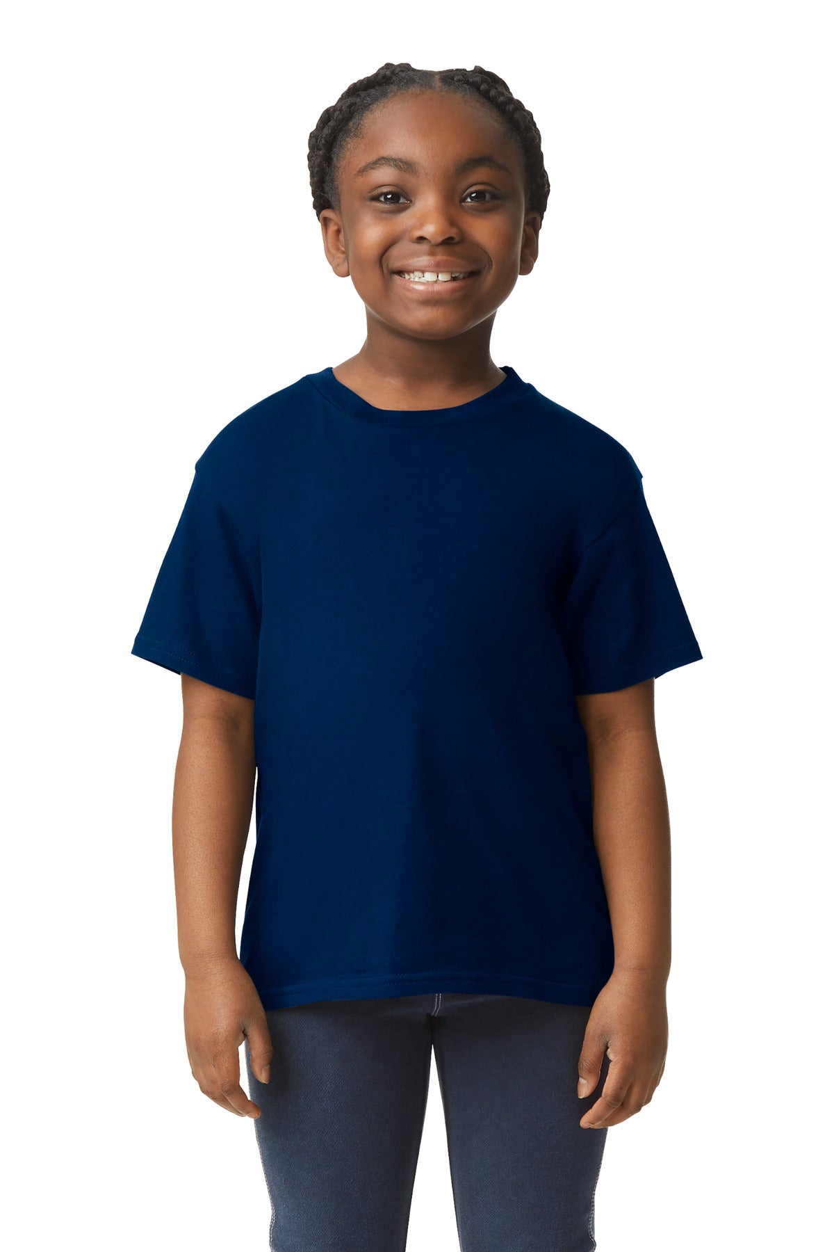 Front View of Navy Gildan Youth Light Cotton Tee 3000B