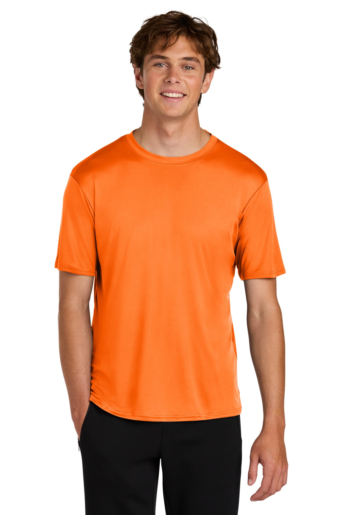 Front View of NeonOrange Port & Co PosiPrint Performance Tee PC380DTG
