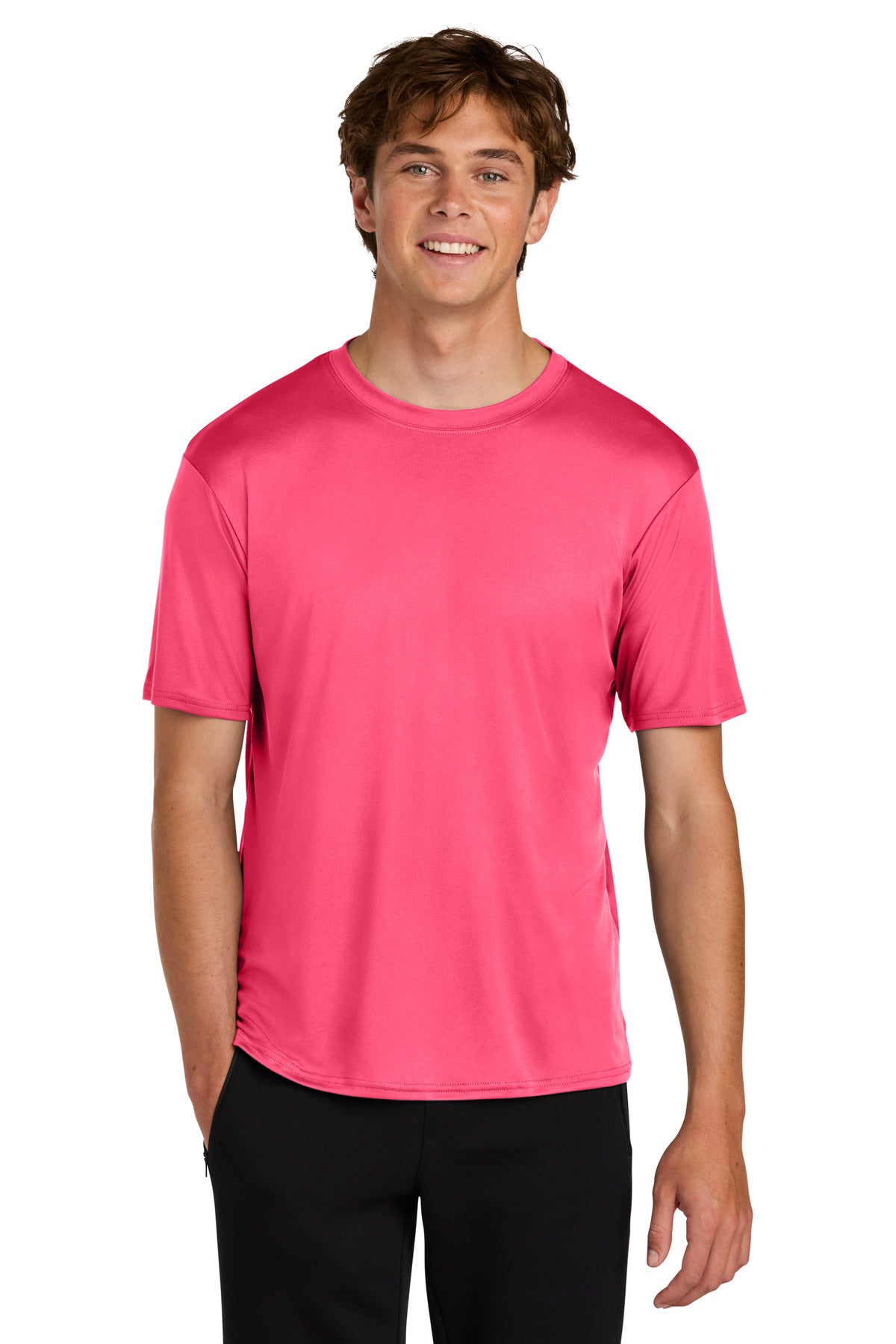 Front View of NeonPink Port & Co PosiPrint Performance Tee PC380DTG