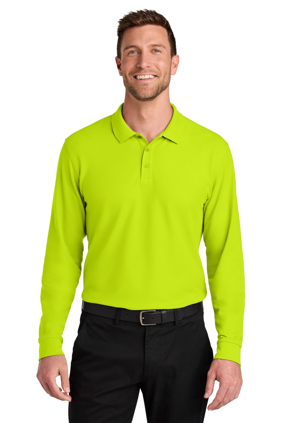 Front View of NeonYellow Port Authority Wearever Signature Pique Long Sleeve Polo K200LS