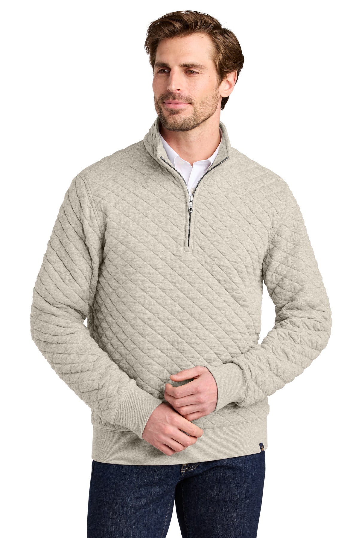 Front View of OatHthr Brooks Brothers Diamond Quilt 1/4-Zip BB18212