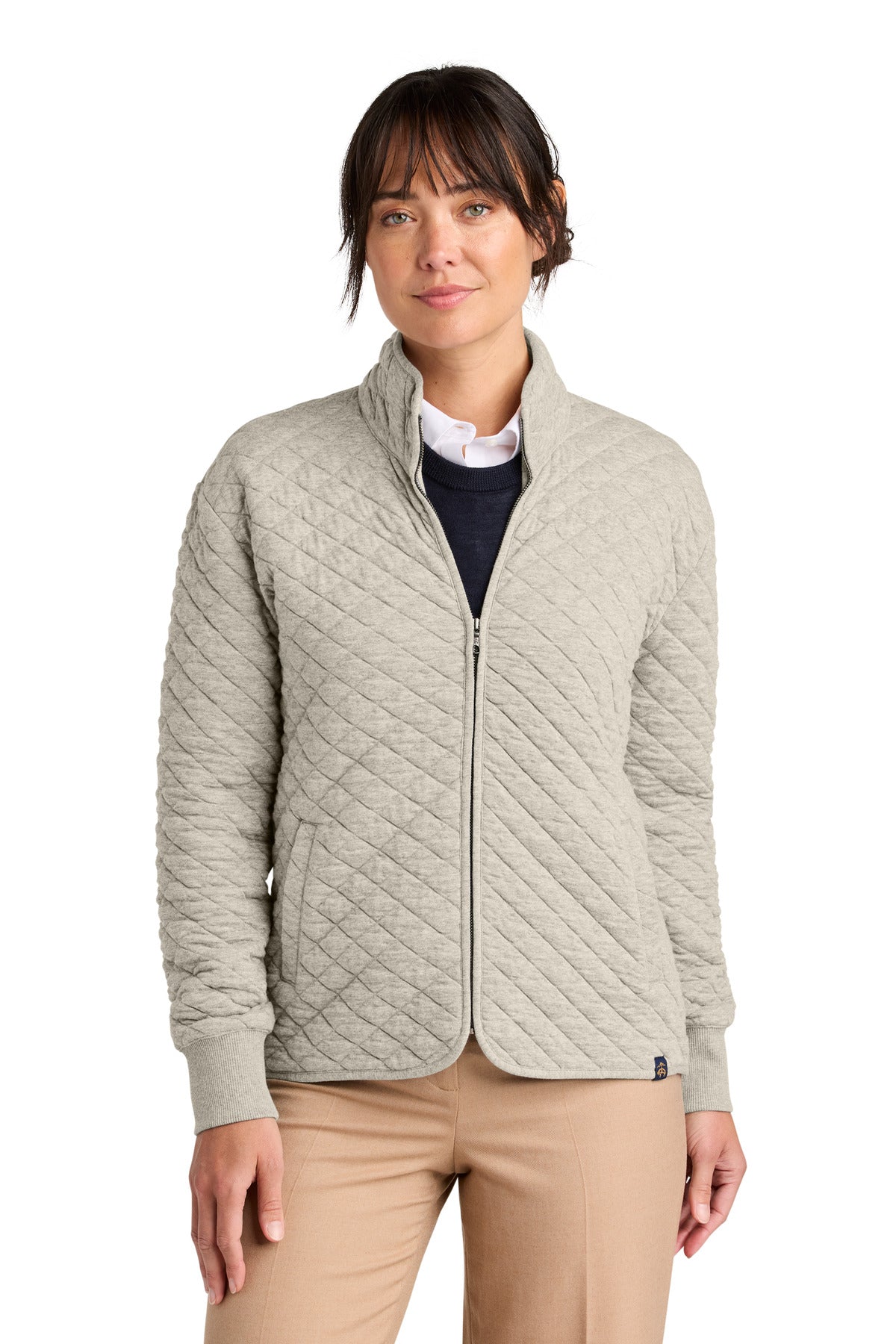 Front View of OatHthr Brooks Brothers Women's Diamond Quilt Full-Zip BB18213