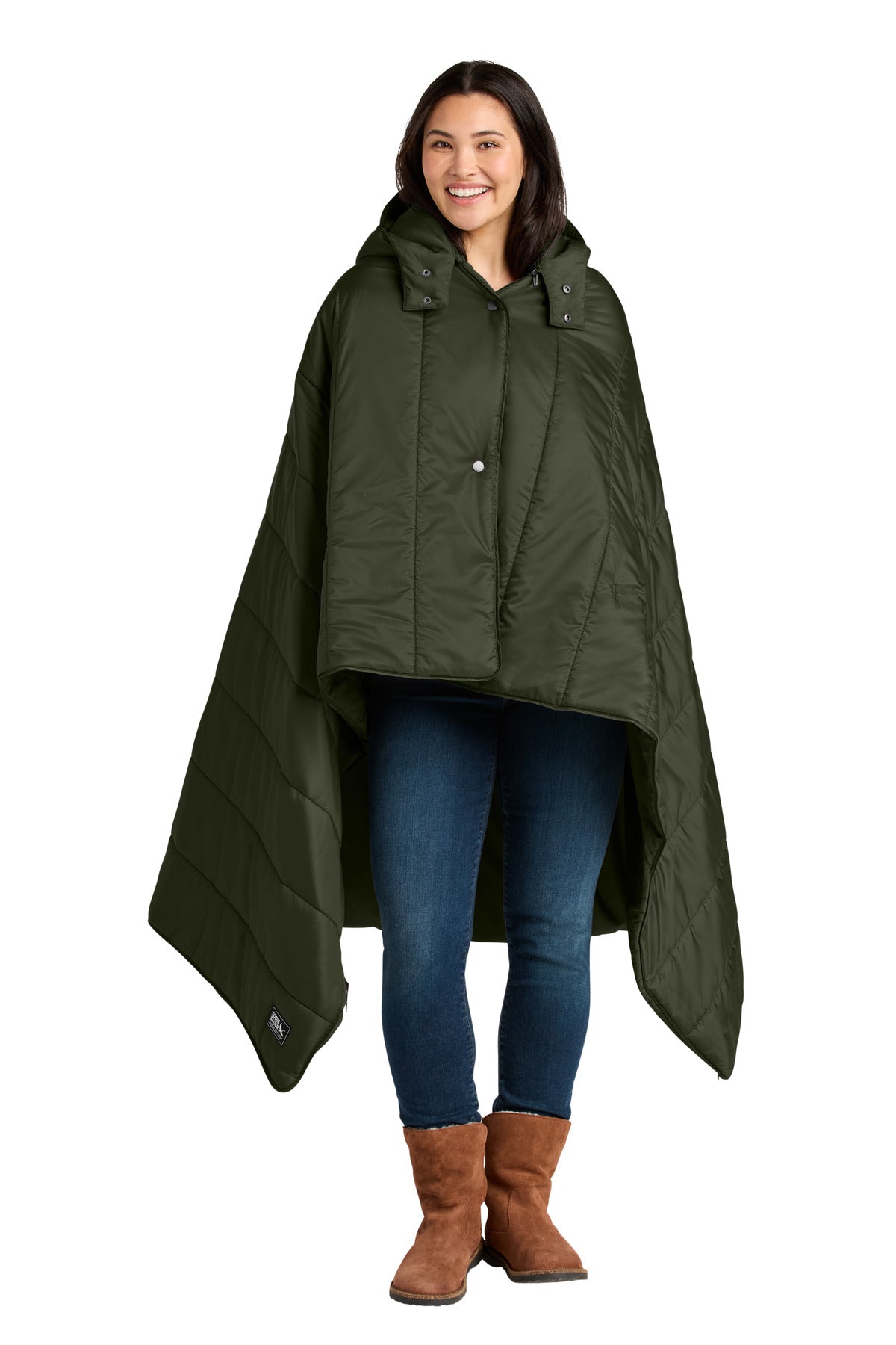Front View of OliveGreen Eddie Bauer Puffy Camp Poncho EB755