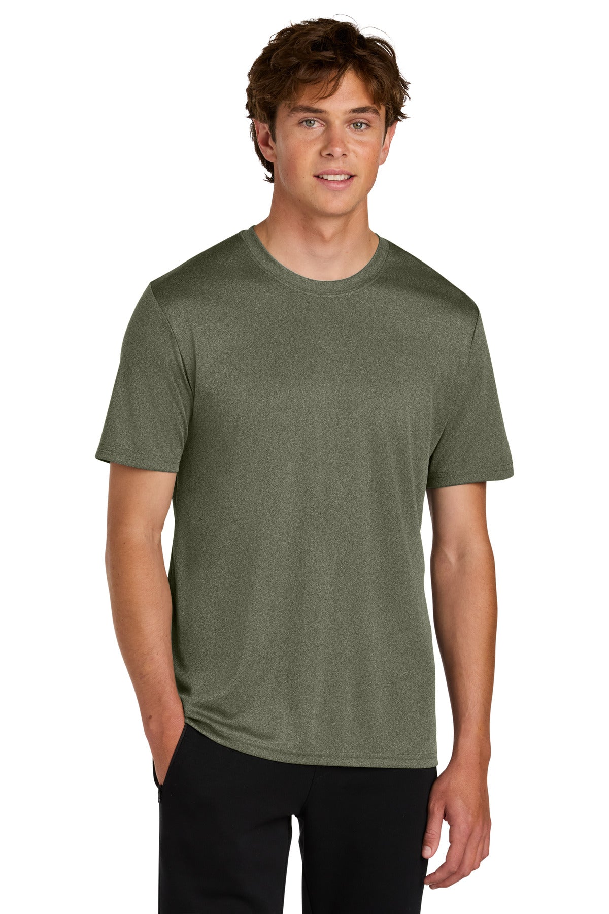 Front View of OlvDrabGnH Port & Co Heather Performance Tee PC390