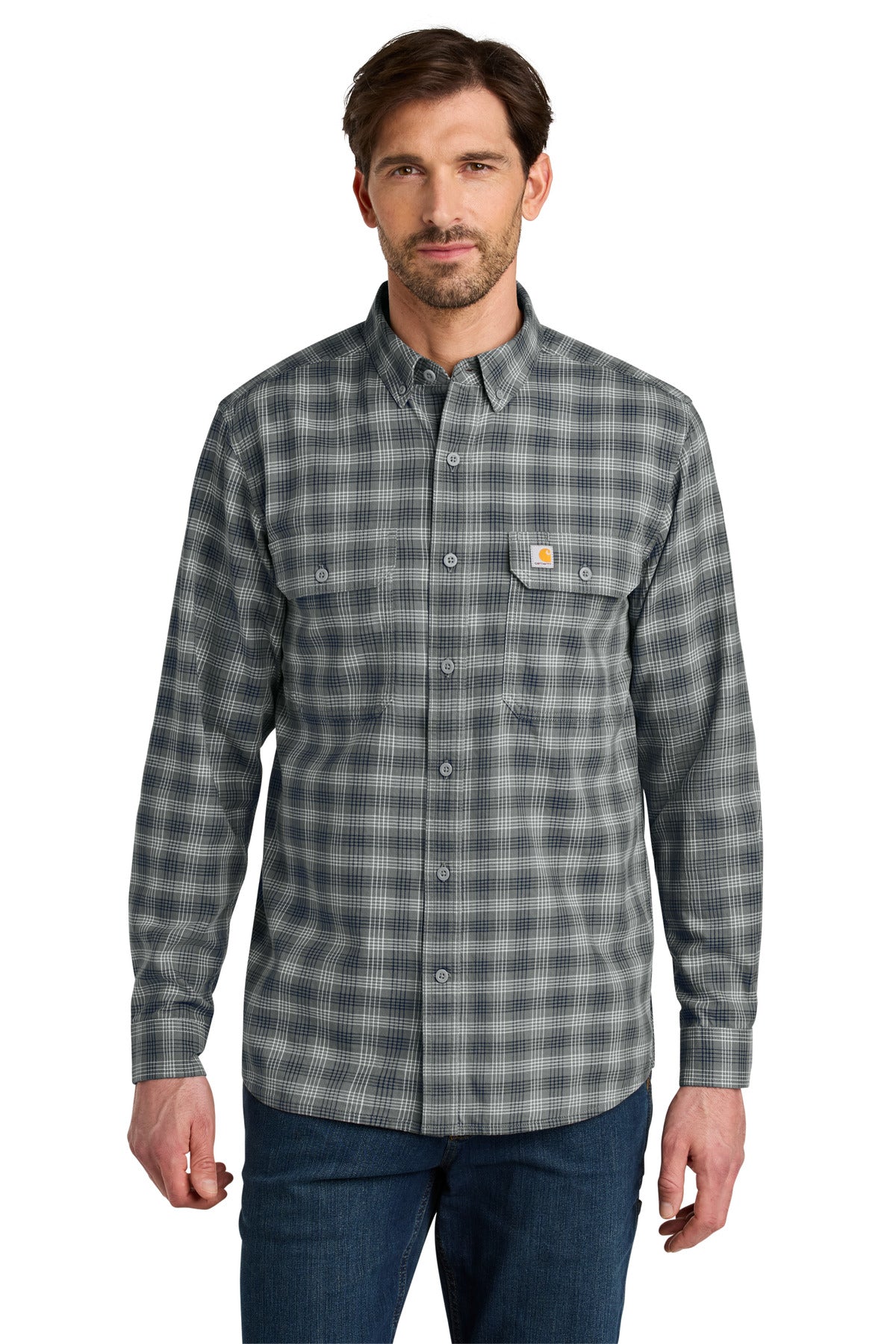Front View of PlaidStlNv Carhartt Rugged Flex Plaid Long Sleeve Shirt CT107109