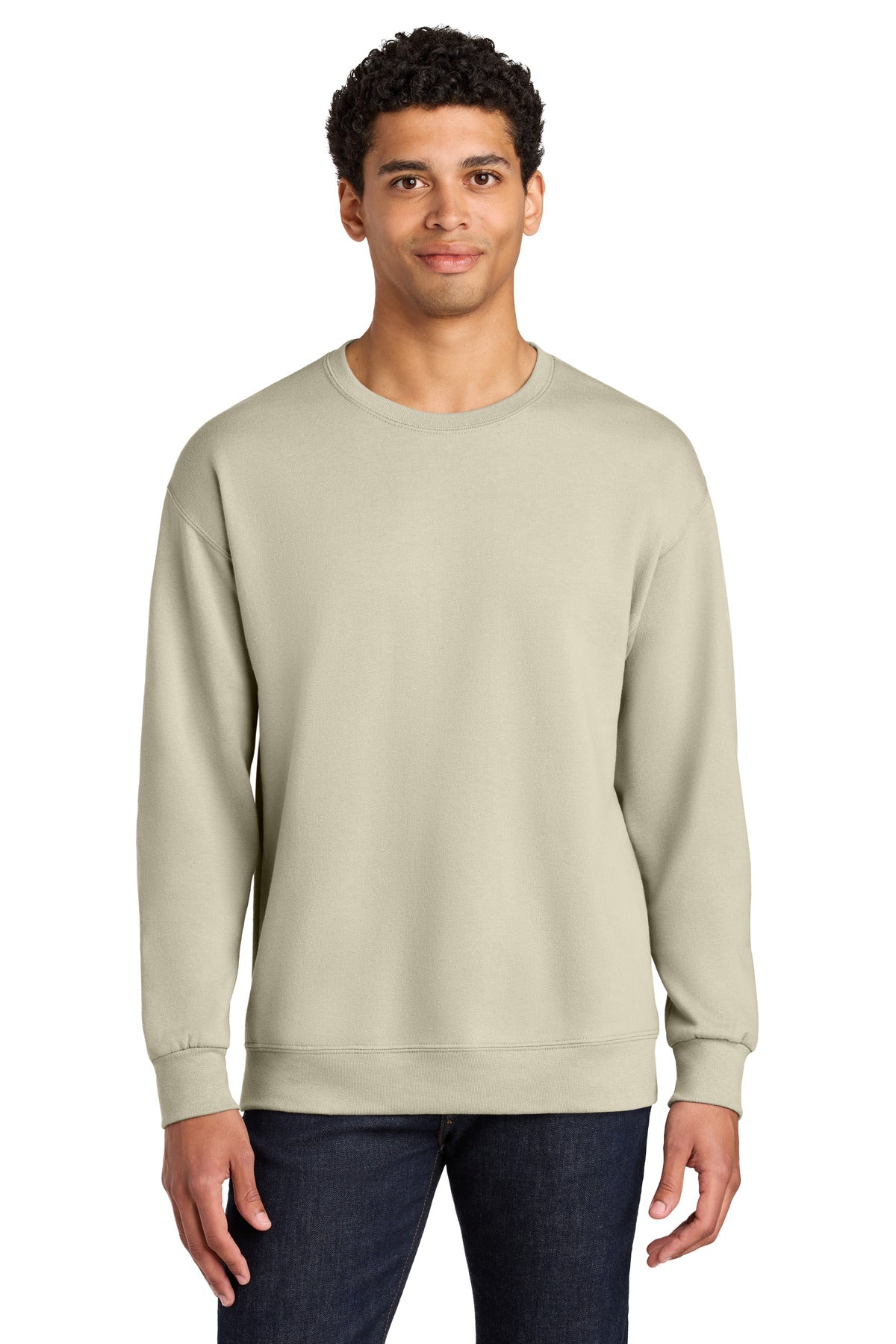 Front View of Putty Jerzees Ultimate Unisex CVC Ring Spun Crewneck Sweatshirt IC48M
