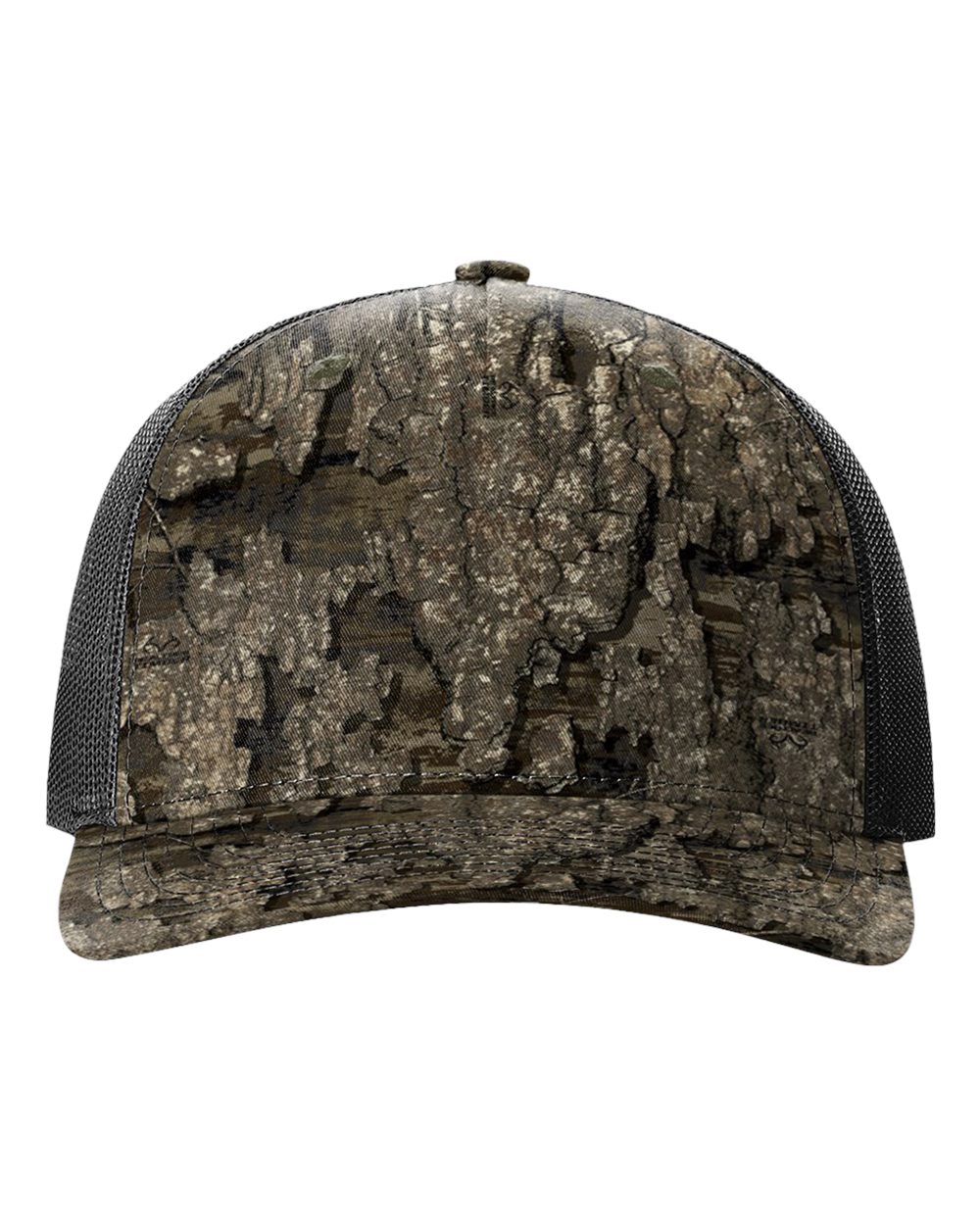 Front View of Realtree Timber/ Black Five-Panel Printed Trucker Cap - 112PFP