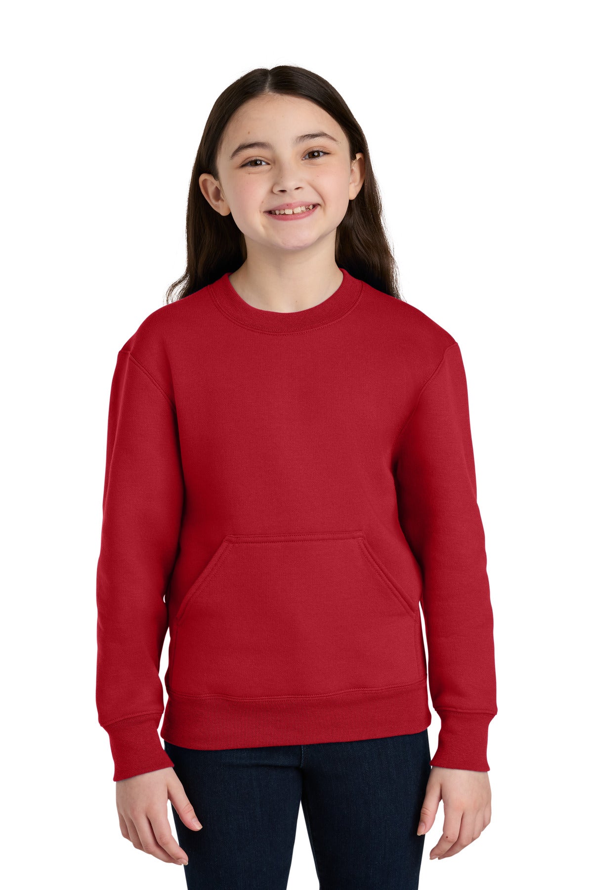 Front View of Red Port & Co Youth Core Fleece Crewneck Pocket Sweatshirt PC78YPKT
