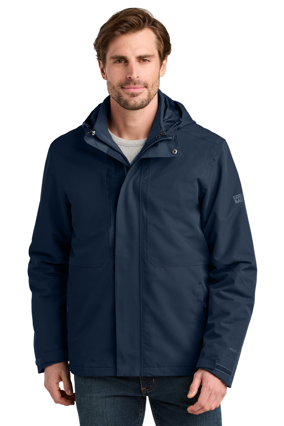 Front View of RiverBlNv Eddie Bauer WeatherEdge Ridge 3-in-1 Jacket EB658