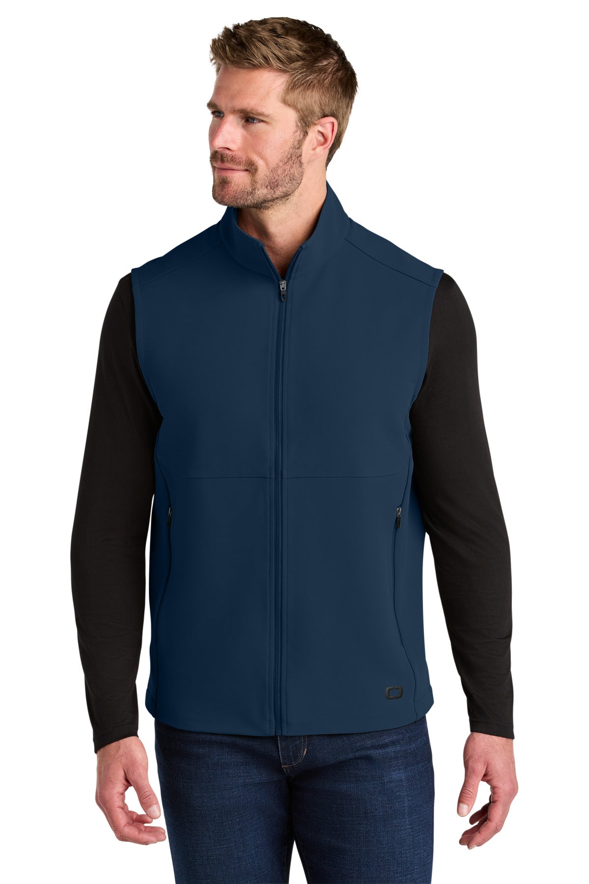 Front View of RiverBlNv OGIO Kinetic Soft Shell Vest OG741