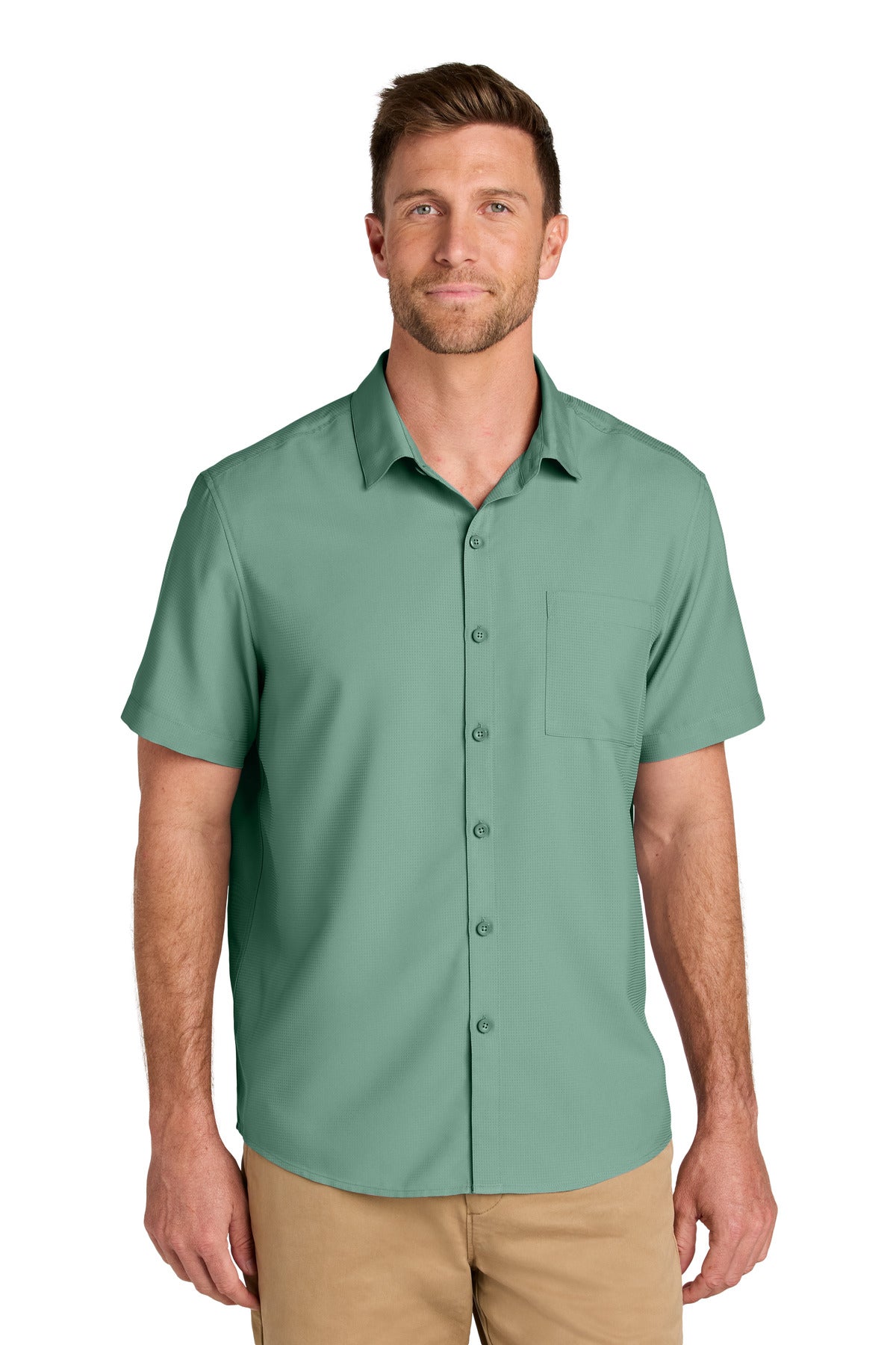 Front View of Sage Port Authority Short Sleeve UV Dockside Shirt W963