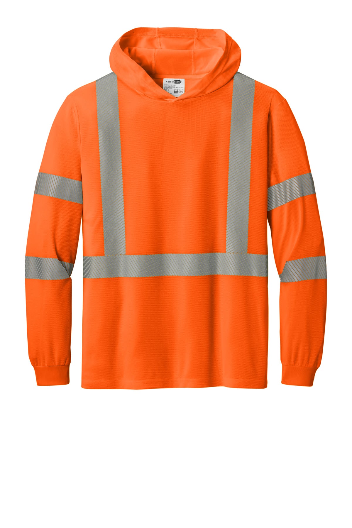 Front View of SftyOrg CornerStone ANSI 107 Class 3 Long Sleeve Segmented Tape Hooded Tee CS208