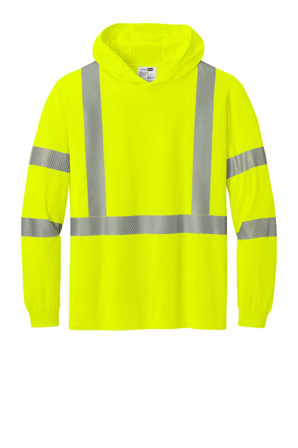 Front View of SftyYellow CornerStone ANSI 107 Class 3 Long Sleeve Segmented Tape Hooded Tee CS208