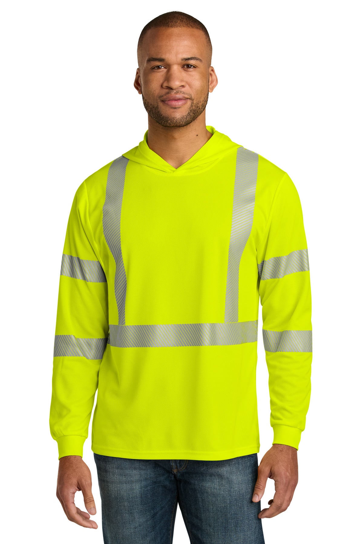 Front View of SftyYellow CornerStone ANSI 107 Class 3 Long Sleeve Segmented Tape Hooded Tee CS208