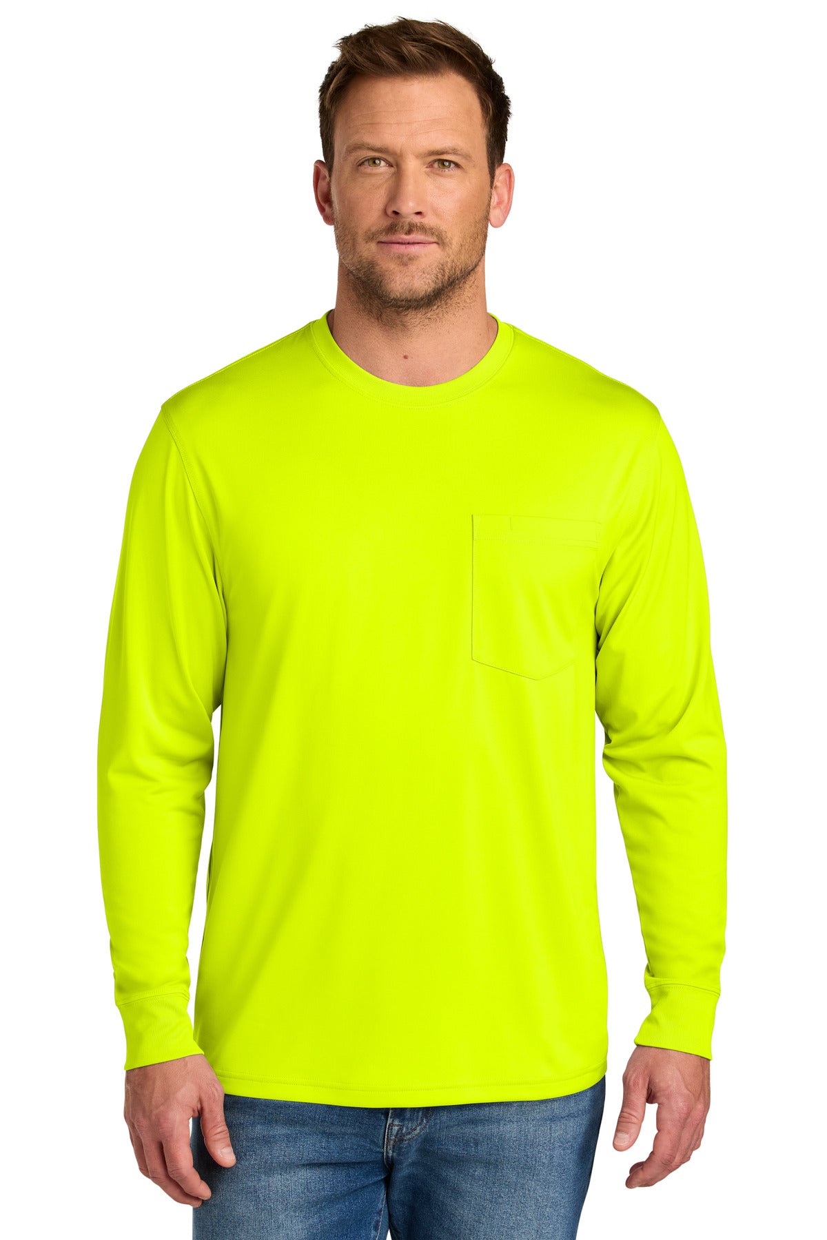 Front View of SftyYellow CornerStone Workwear Pro Long Sleeve Pocket Tee CS440LSP